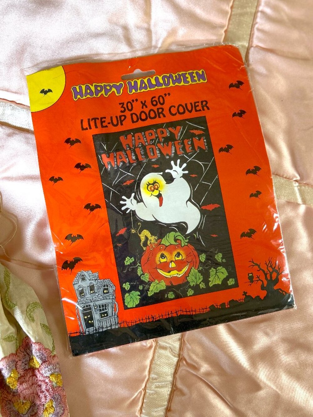 Vintage 90s Halloween Lite-Up Door Cover, Ghost & Pumpkin, NOS Sealed, Nostalgic